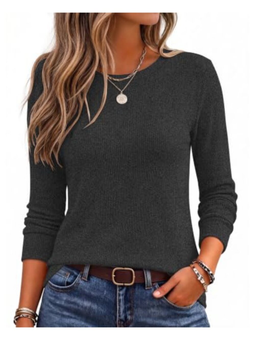 Ekouaer Women's Long Sleeve Crewneck Ribbed Casual Top Fall Winter